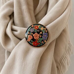 Vintage MFA Cloisonné Floral Brooch Pin Black Enamel Gold Tone Taiwan Round